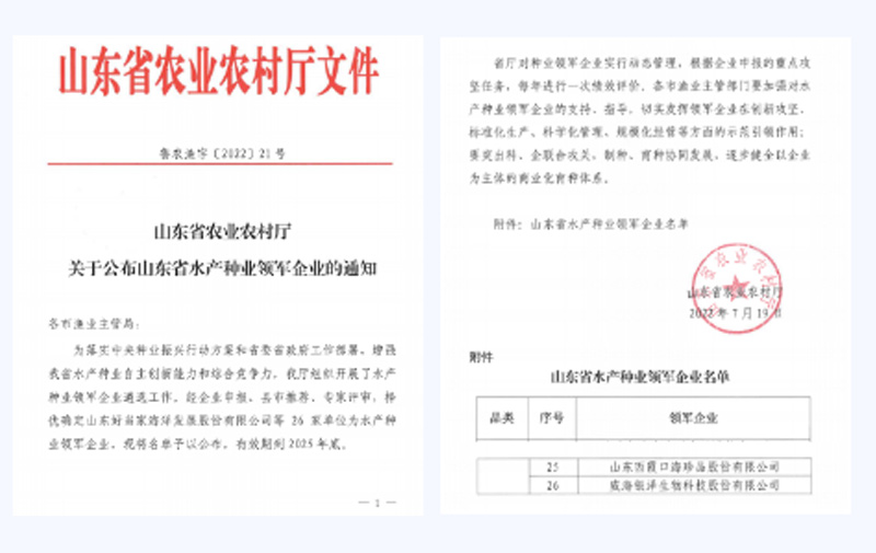  文登区获批1家省级水产种业领军企业